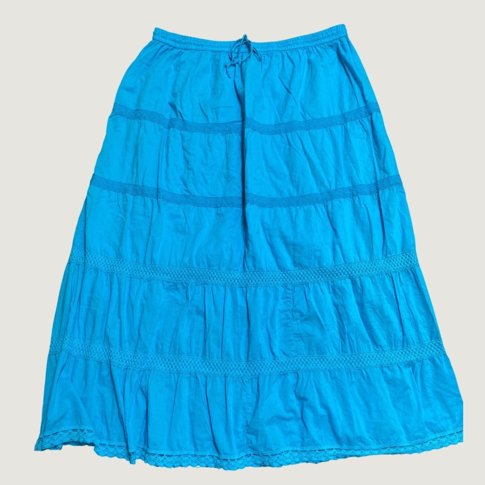ICI Turquoise Blue Cotton Crochet Lace Tiered Maxi Skirt Plus Size 3X Boho